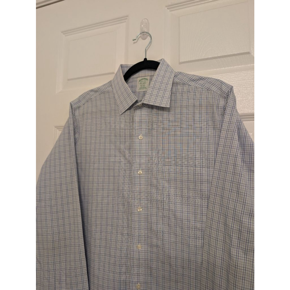 Men's Brooks Brothers Milano Dress Shirt Neck 15.5 White Blue Plaid M